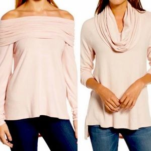 Gibson Look Pink Convertible Cowl Neck Long Sleeved Sweater Top M/L NEW